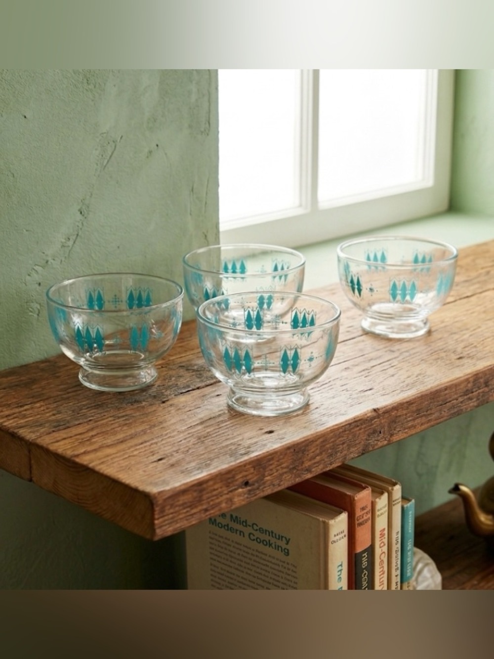 Vintage MCM Teal Geometric Footed Glass Dessert Bowls Set Of 4
